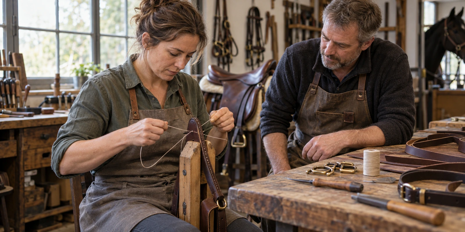 Une femme coud une pièce de harnachement en cuir sous le regard d’un homme, dans un atelier équipé de selles et d’outils.
